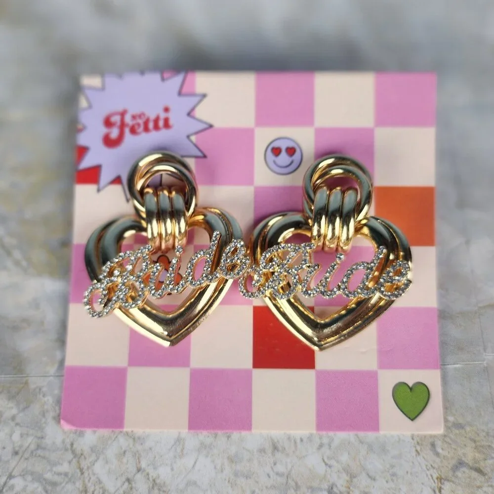 XO Fetti Gold metal heart earrings Rhinestone "Bride" - Picture 2 of 5